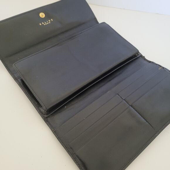 Celine Vintage Trifold Leather Large Wallet Macadam Brown Black Long Logo Design - Picture 4 of 14
